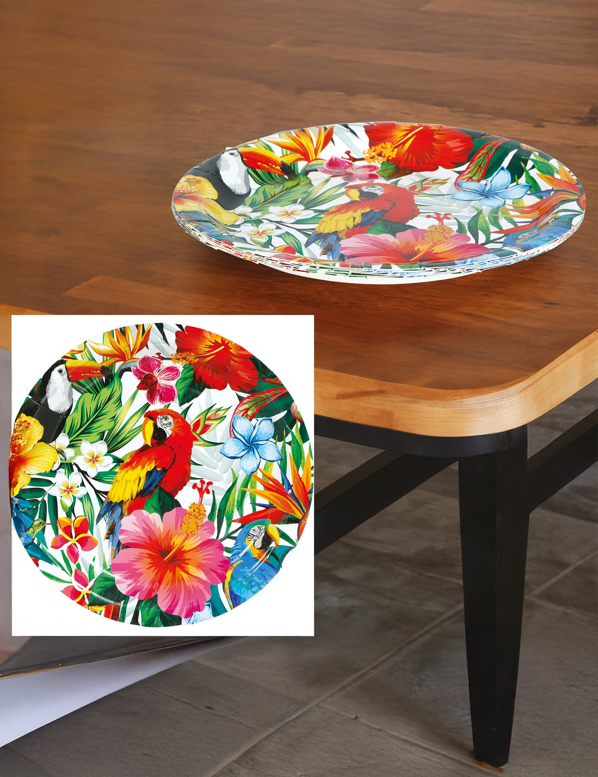 Détail du motif des assiettes oiseaux tropicaux