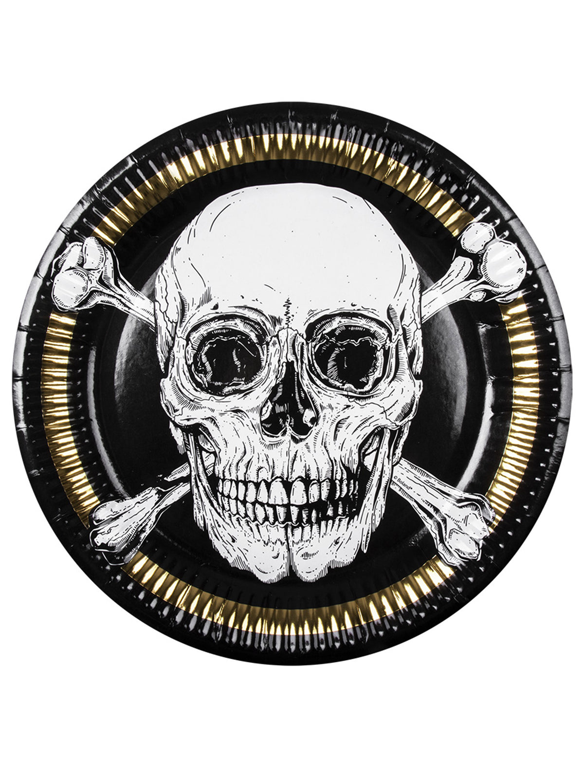 Assiettes en carton Pirate Jolly Roger noir blanc et doré