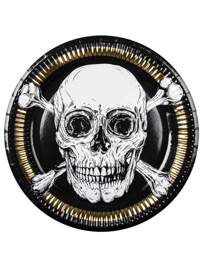 Assiettes en carton Pirate Jolly Roger noir blanc et doré
