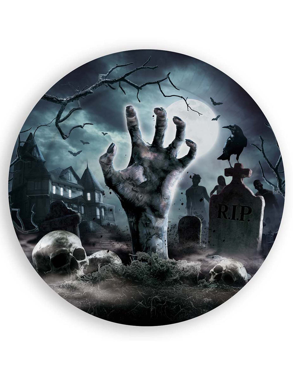 Assiettes revenants du cimetière pour Halloween avec décor de main de zombie et crânes