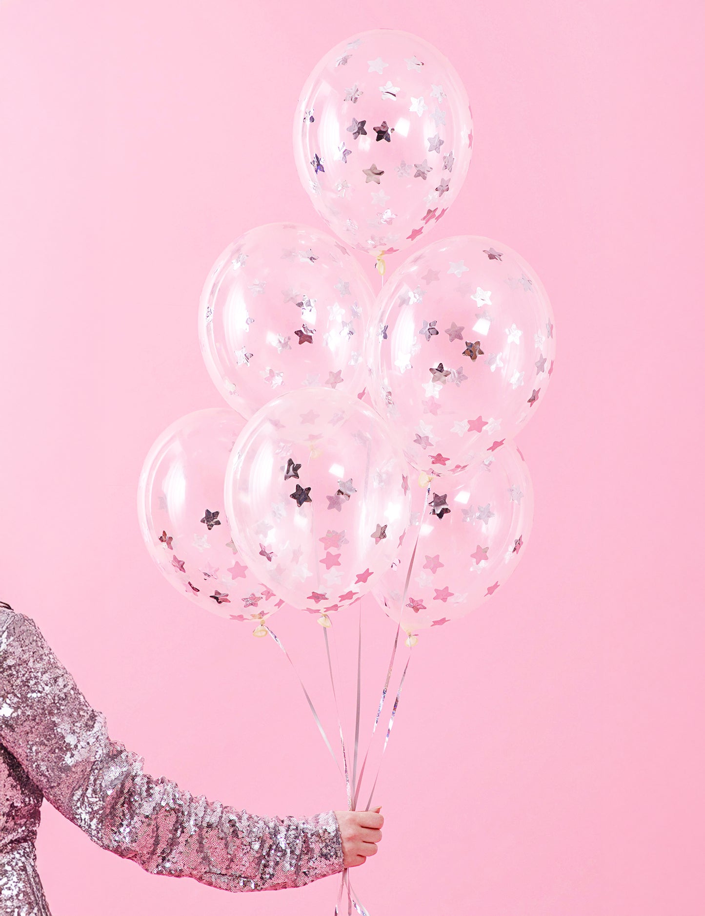 6 baloane transparente cu confetti în formă de stele argintii 30 cm 