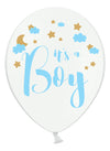Ballon it's a boy pour baby shower blanc avec motifs bleus et dorés