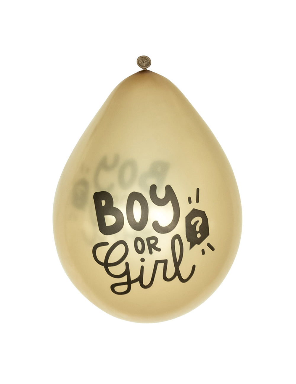 Gros plan sur l'imprimé des ballons en latex Boy or Girl pour gender reveal dorés