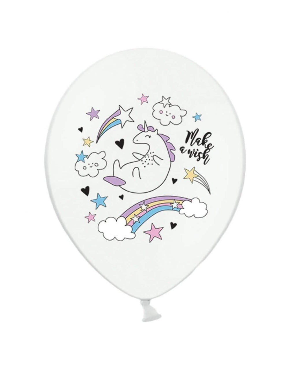 Balon din latex cu unicorni pentru aniversare alb cu motive curcubeu și stele