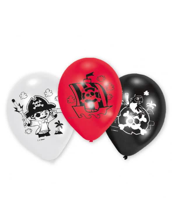 6 baloane din latex pirați pentru aniversare alb, roșu și negru cu motive