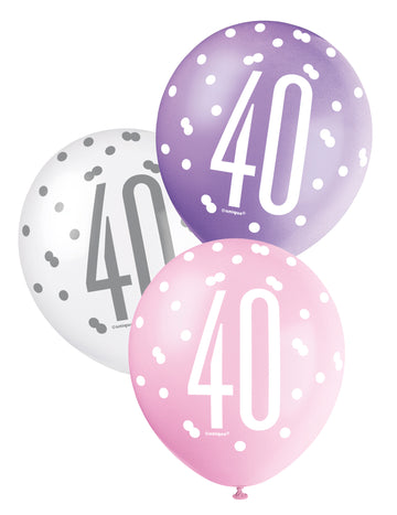 6 baloane roz, violet și latex alb de 40 de ani
