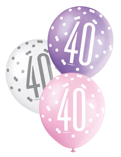 6 Balonase din latex 40 de ani pentru aniversare roz, violet și alb cu buline