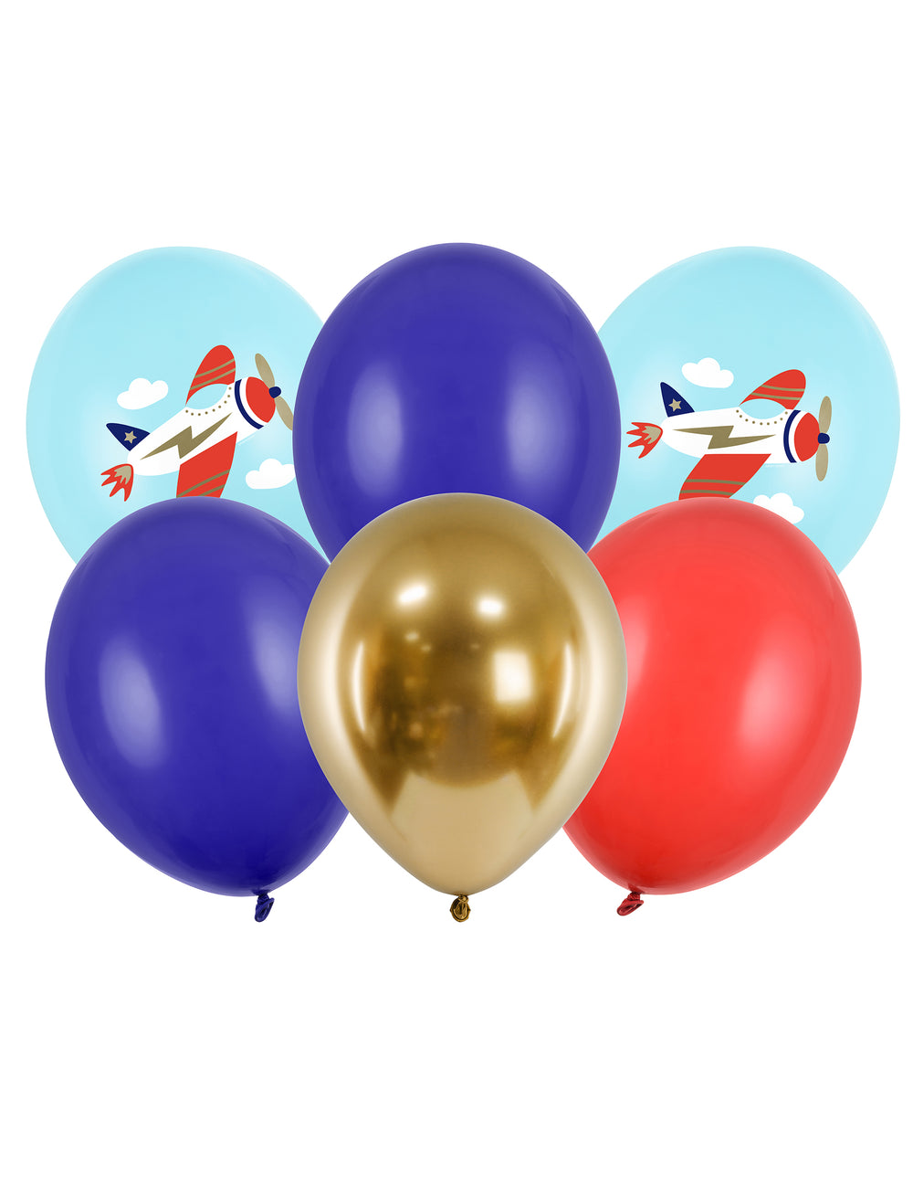 Ballons petit avion pour enfant bleus rouges dorés et imprimés