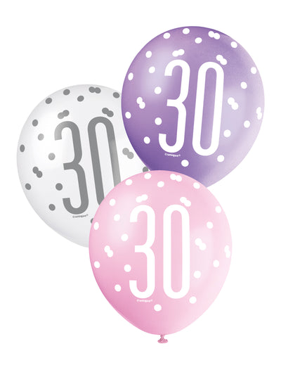 Baloane de 30 de ani pentru aniversare roz, violet și alb cu buline