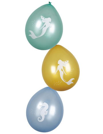 Ballons Sirène Lagune pour enfant nacrés vert, jaune et bleu avec motifs blancs