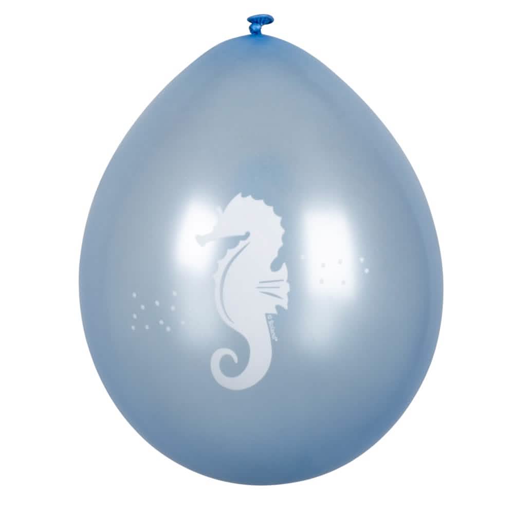 Vedere a balonului albastru cu motiv de căluț de mare alb de la baloane sirene Lagune
