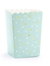 6 cutii de popcorn din carton de culoarea mentă, cu buline albe și aurii