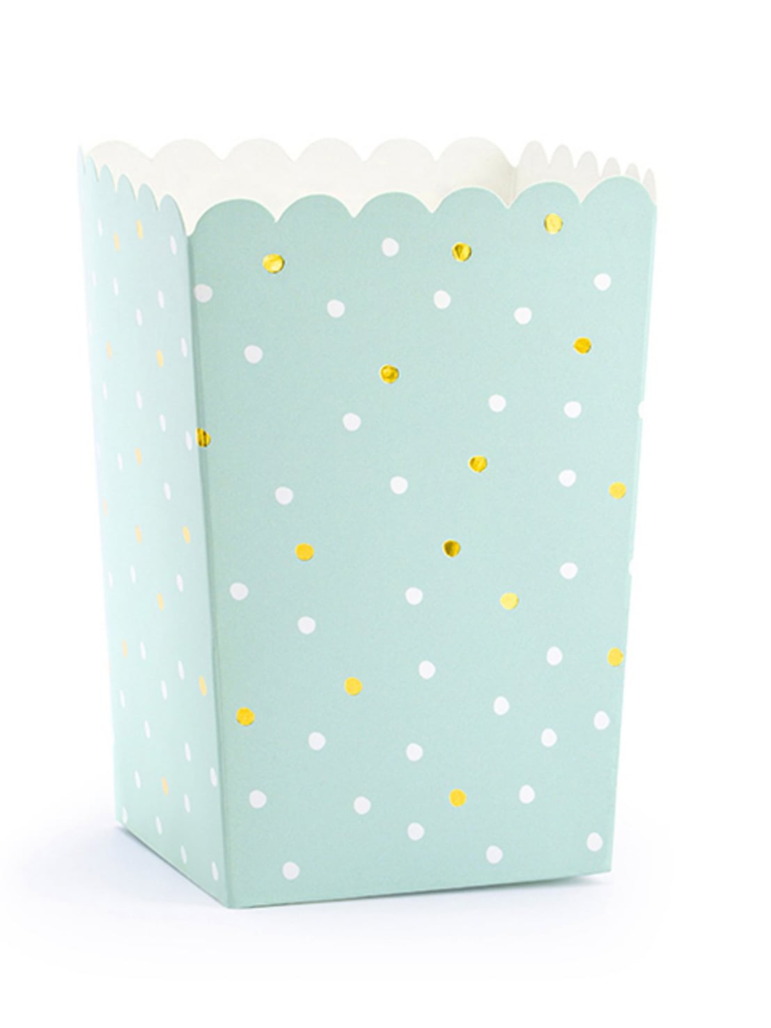 6 cutii de popcorn din carton de culoarea mentă, cu buline albe și aurii