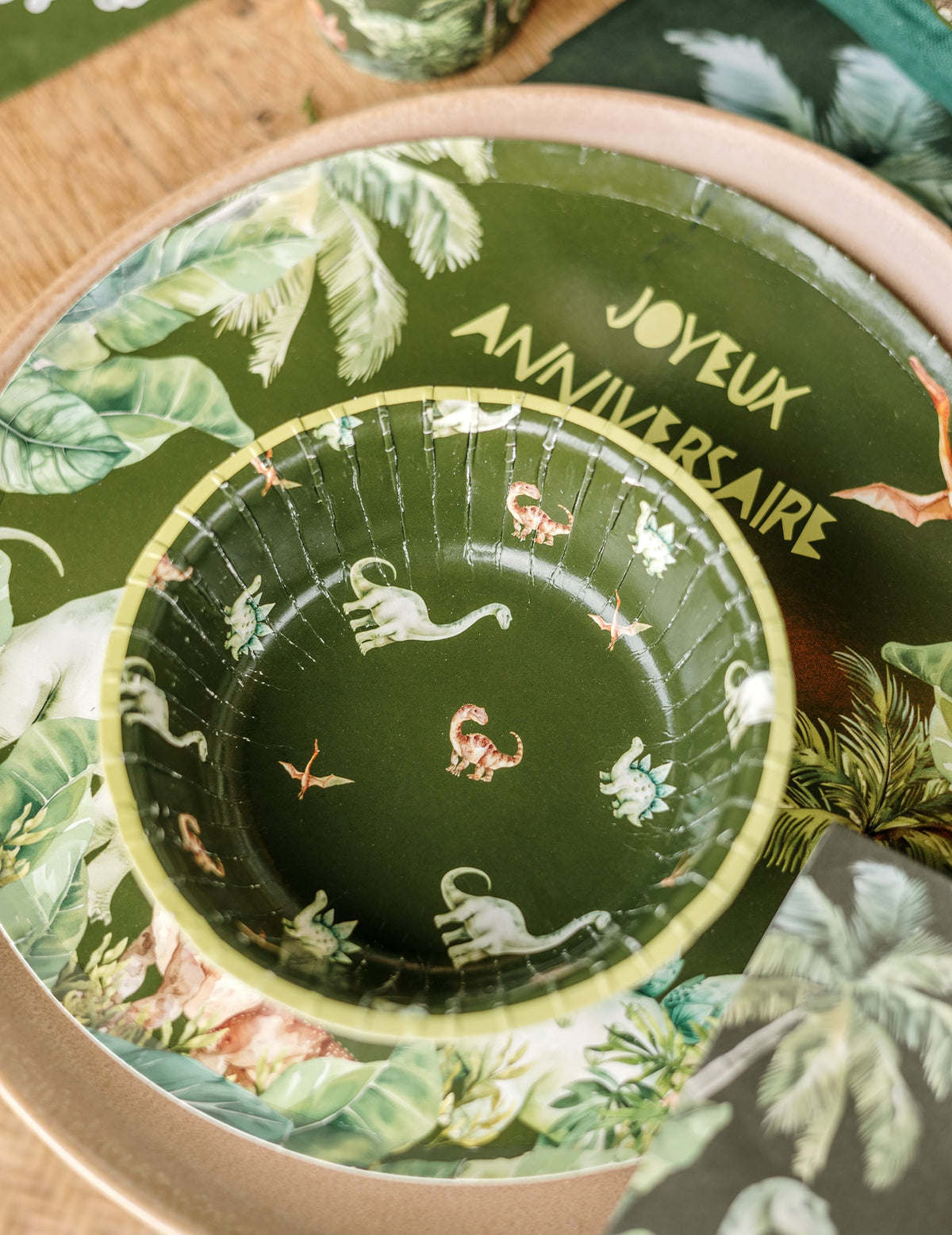 Vue de dessus de l'intérieur du bol dinosaure pour anniversaire