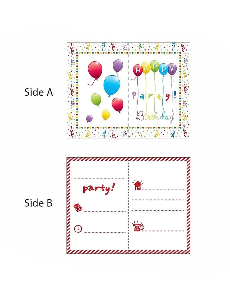 Vederea față și verso a cardului de invitație Happy Birthday