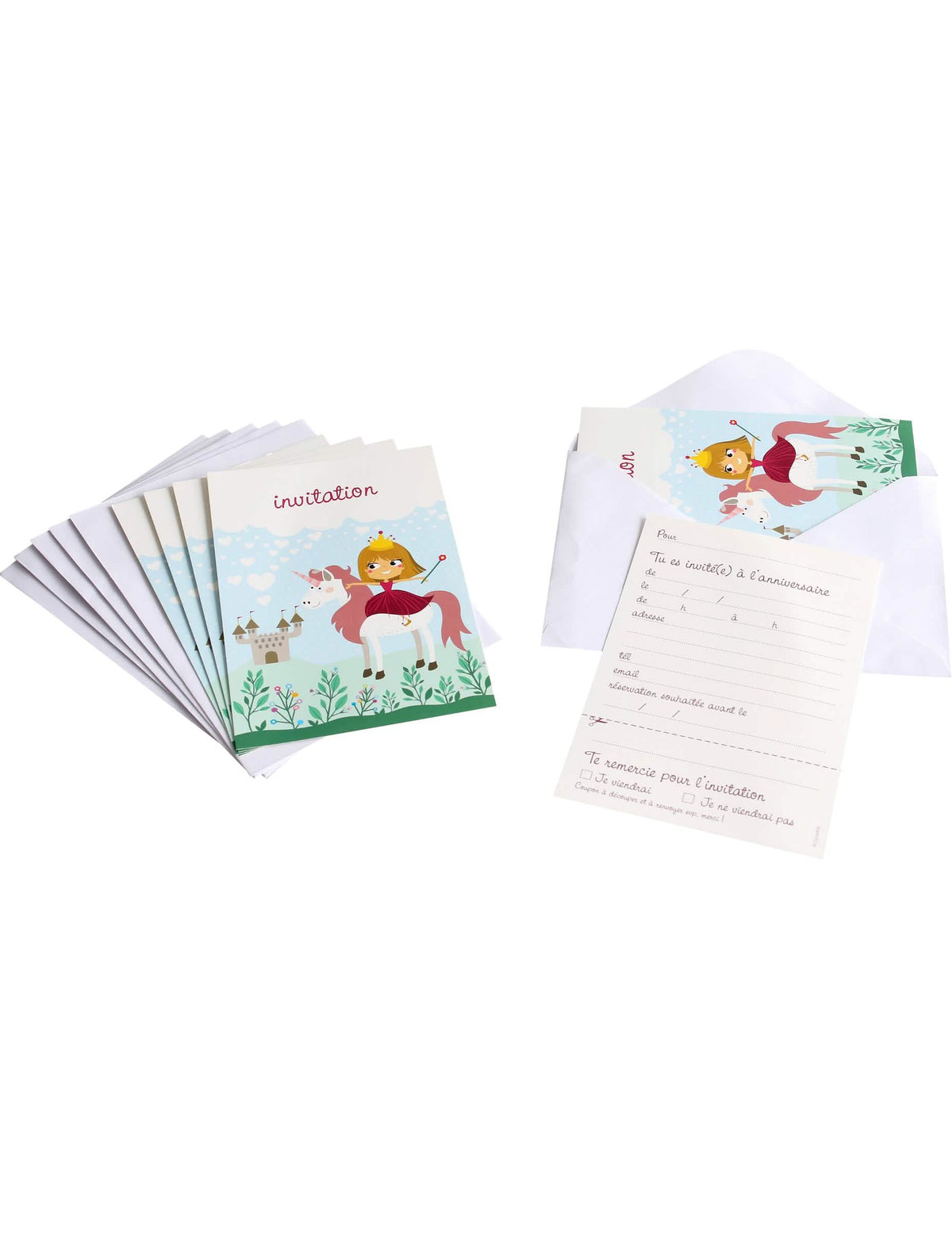 Cartonașe de invitație cu plicuri prințesă pentru copil roz și alb cu unicorni