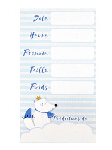Cartes de prédictions motif renard blanc pour baby shower bleues