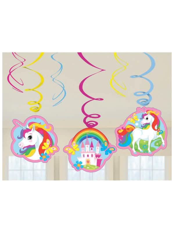 Decorațiuni spirală de agățat unicorni multicolor cu motive castel și curcubeu