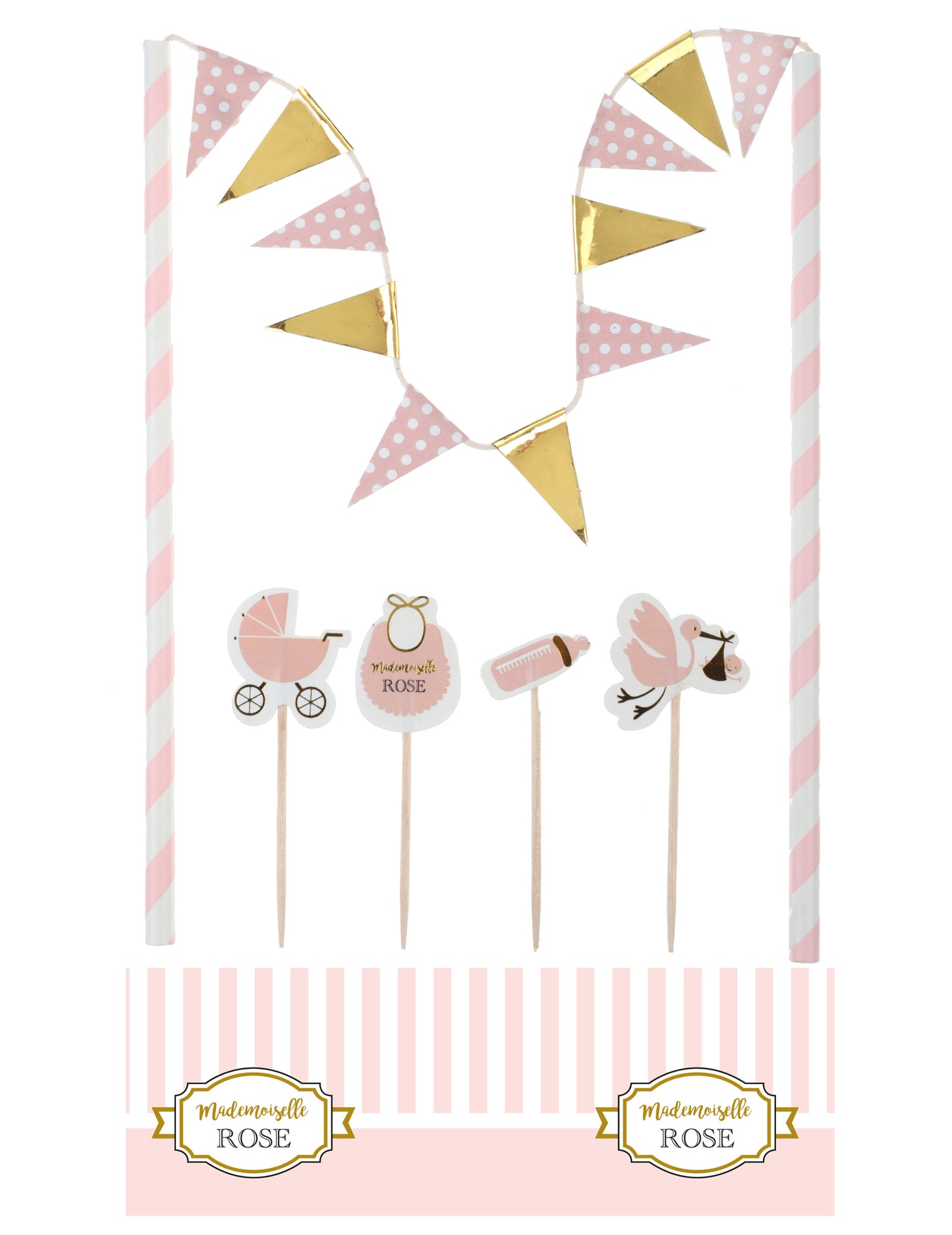 Kit de décorations pour gâteau baby shower pour fille rose et doré