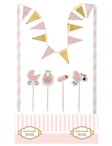 Set complet cu 6 decorațiuni roz pentru tortul de baby shower