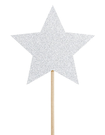 6 decoruri pentru tort cu steluțe argintii și sclipici pe stâlpi de 11,5 cm pentru ziua de naștere