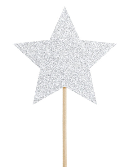 6 decoruri pentru tort cu steluțe argintii și sclipici pe stâlpi de 11,5 cm pentru ziua de naștere