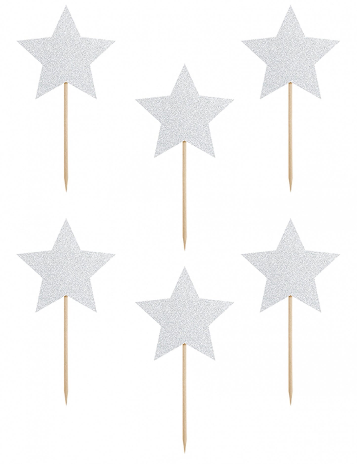 6 decoruri pentru tort cu steluțe argintii și sclipici pe stâlpi de 11,5 cm pentru ziua de naștere