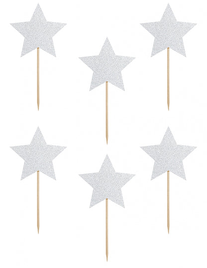 6 decoruri pentru tort cu steluțe argintii și sclipici pe stâlpi de 11,5 cm pentru ziua de naștere