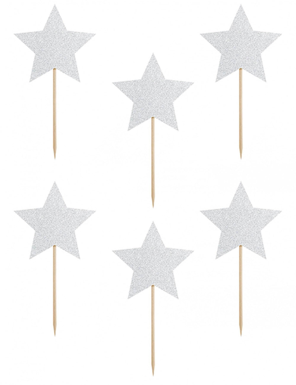 Set de 6 decorațiuni pentru tort pe bețișor, stea, pentru aniversare, argintiu cu sclipici