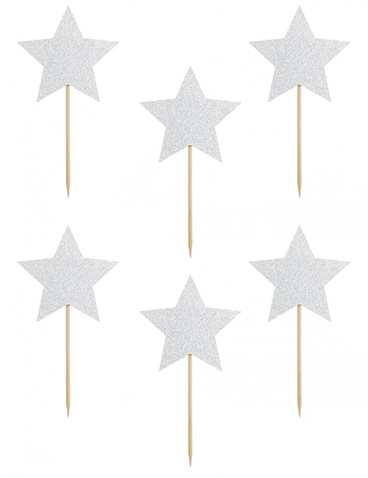 Set de 6 decorațiuni pentru tort pe bețișor, stea, pentru aniversare, argintiu cu sclipici