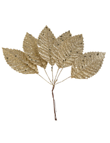 6 frunze pe tulpini, sclipici șampanie, 19 cm de Crăciun