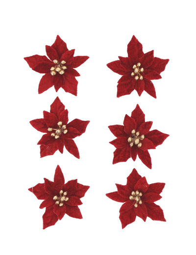 6 flori poinsettia autoadezive din catifea roșu și auriu 5,5 cm