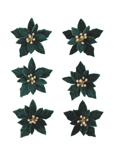 6 flori poinsettia autoadezive din catifea verde închis și auriu 5,5 cm