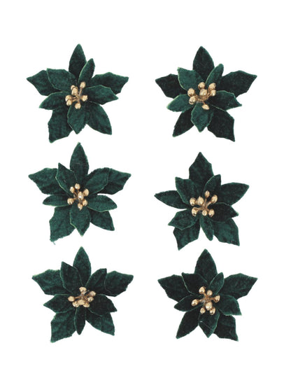 6 fleurs poinsettia adhésives velours vert anglais et or 5,5 cm
