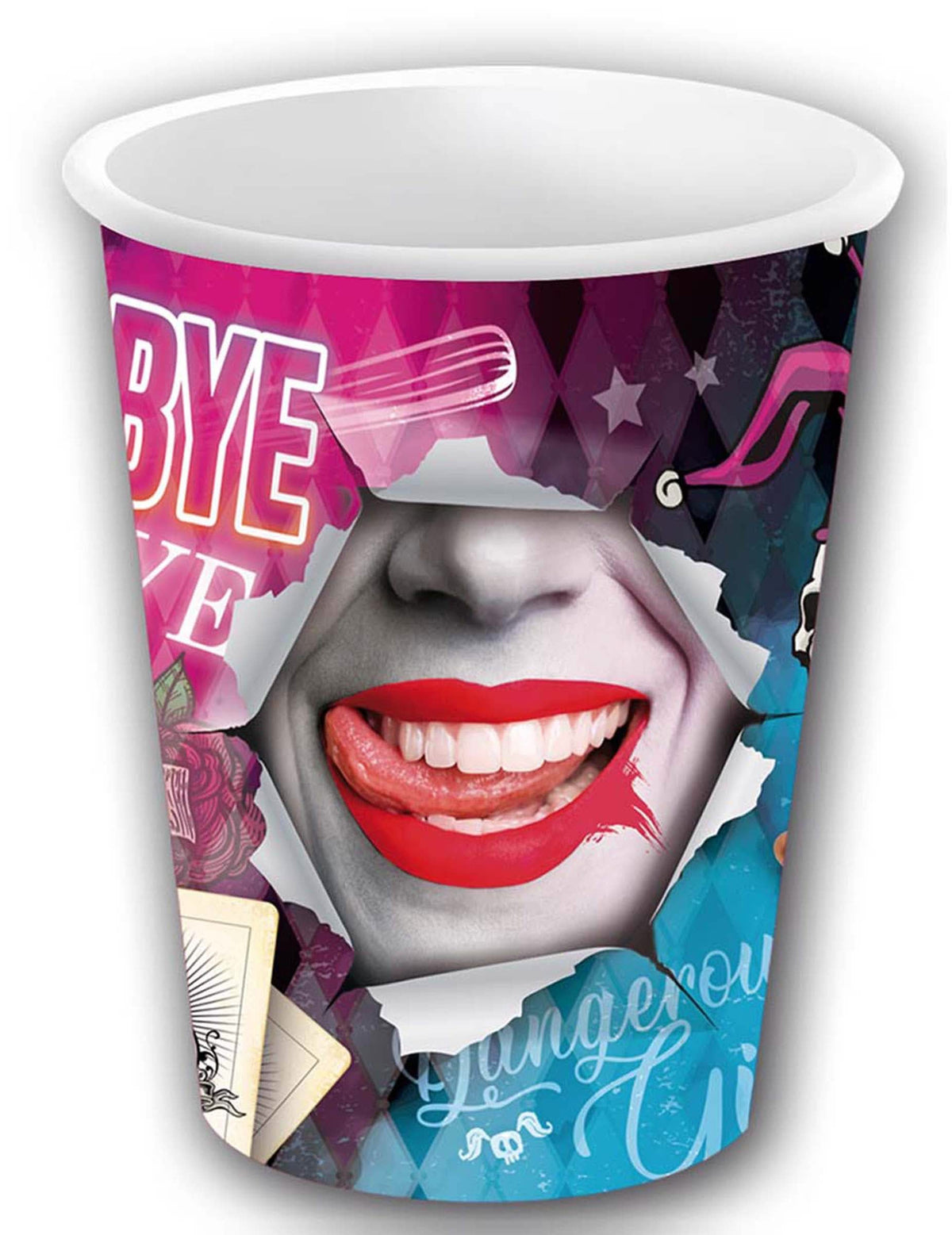 Gobelets dangerous girl pour fête rose et bleu avec motif de bouche maquillée