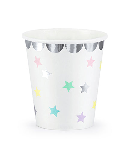 6 pahare de carton pastelate argintii, în formă de stea, de 180 ml