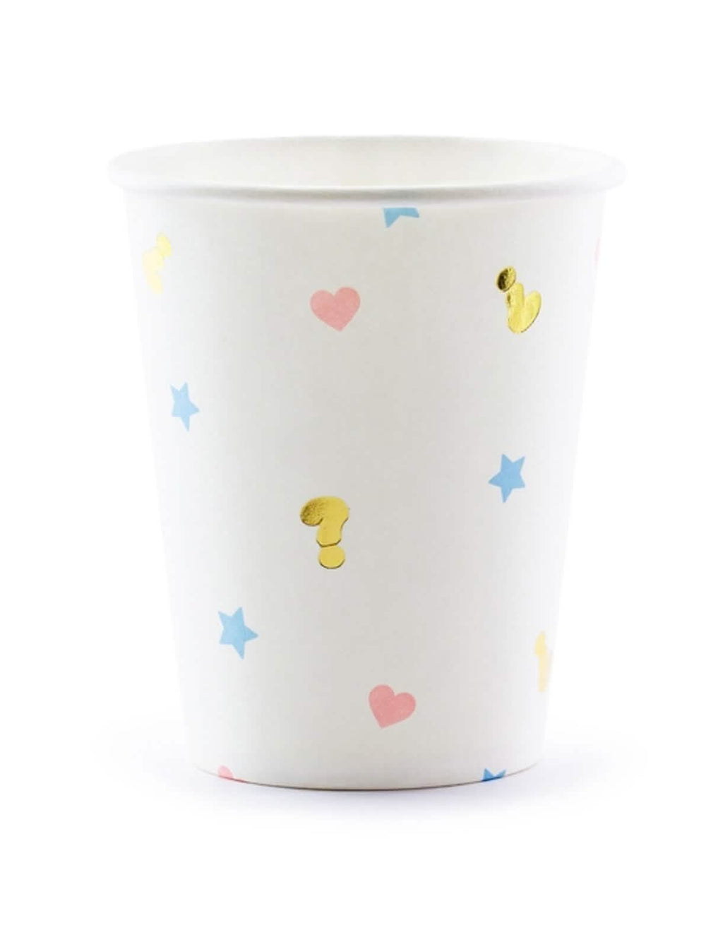Pahare din carton boy or girl pentru baby shower albe cu inimi roz, stele albastre și semne de întrebare aurii