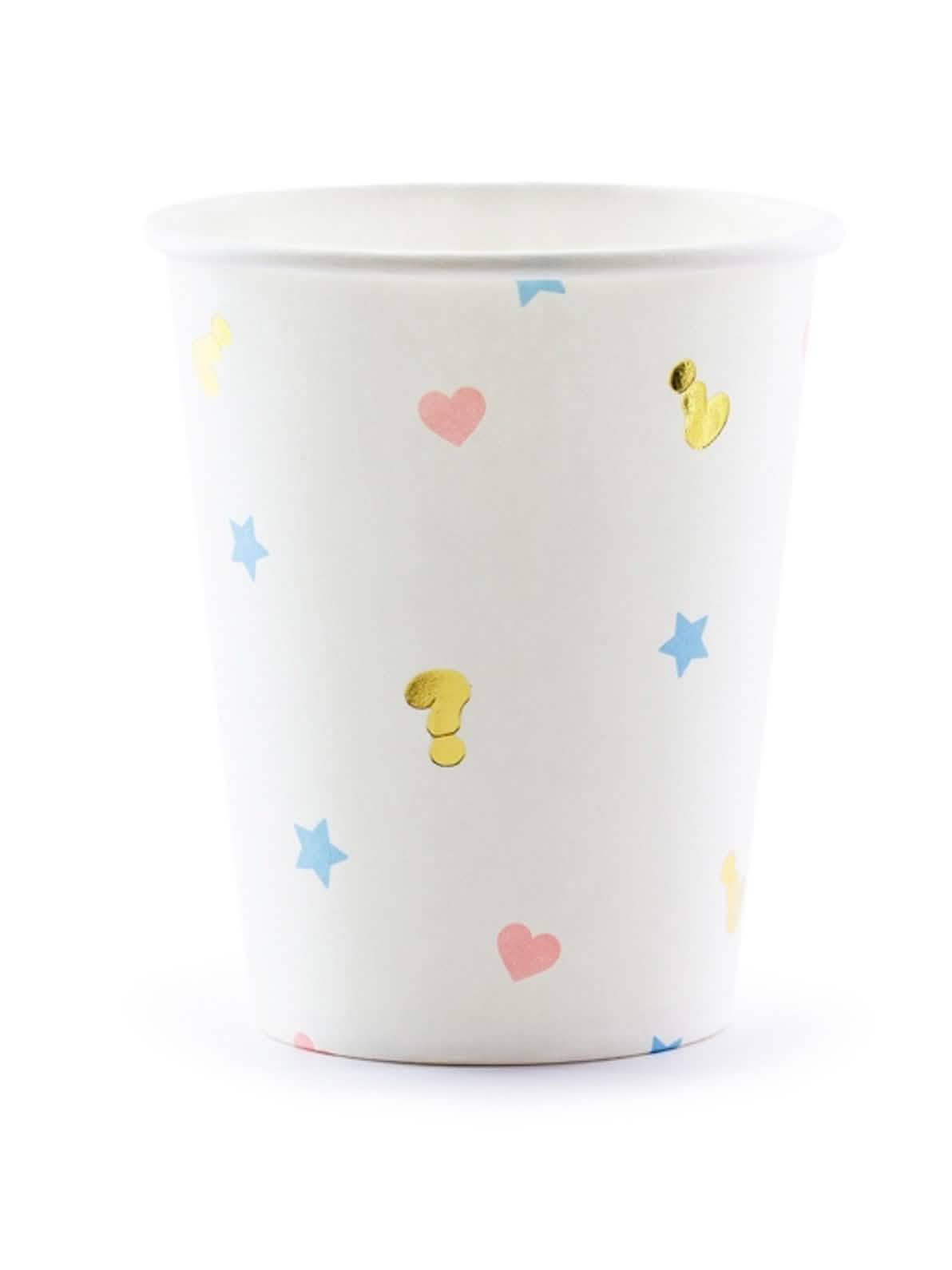 Pahare din carton boy or girl pentru baby shower albe cu inimi roz, stele albastre și semne de întrebare aurii