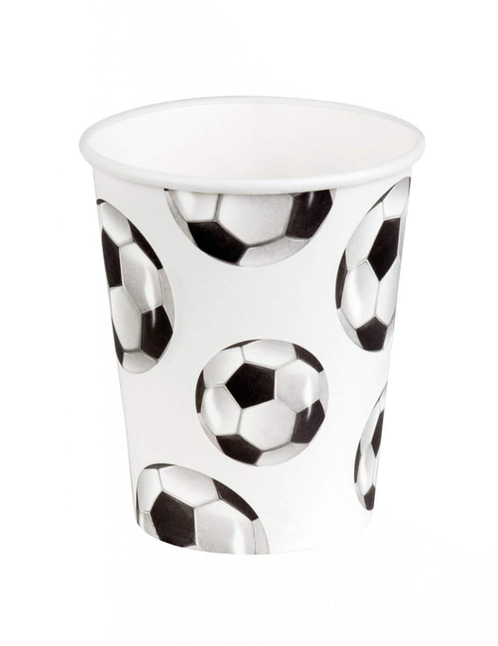 Pahare din carton pentru petrecerea de fotbal, albe, cu motive de baloane de fotbal