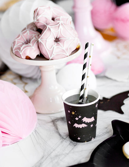 6 pahare drăguțe de carton roz și negre de Halloween, 220 ml