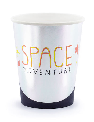 Gobelets en carton space adventure pour fête argentés et noirs