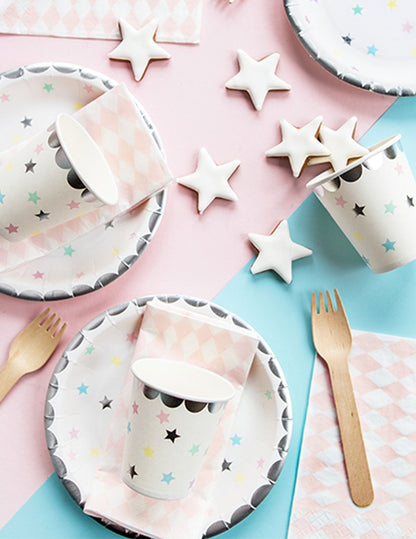 6 pahare de carton pastelate argintii, în formă de stea, de 180 ml