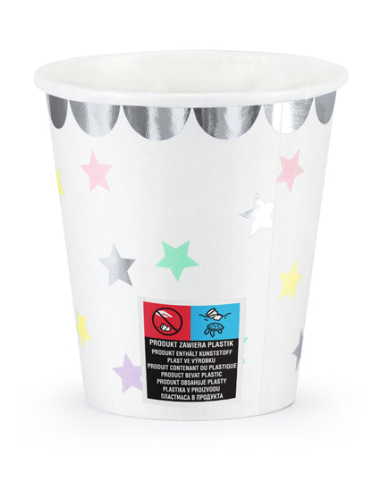 6 pahare de carton pastelate argintii, în formă de stea, de 180 ml