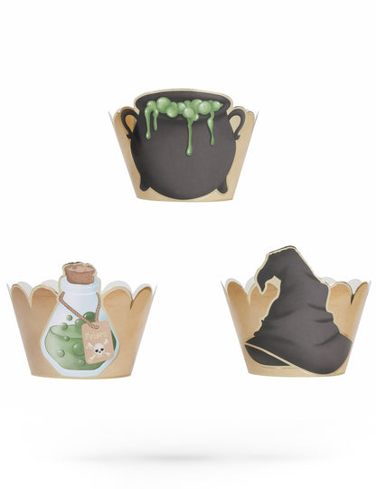 Habillages moules à cupcake apprenti sorcier pour fête kraft avec motifs chaudron et chapeau