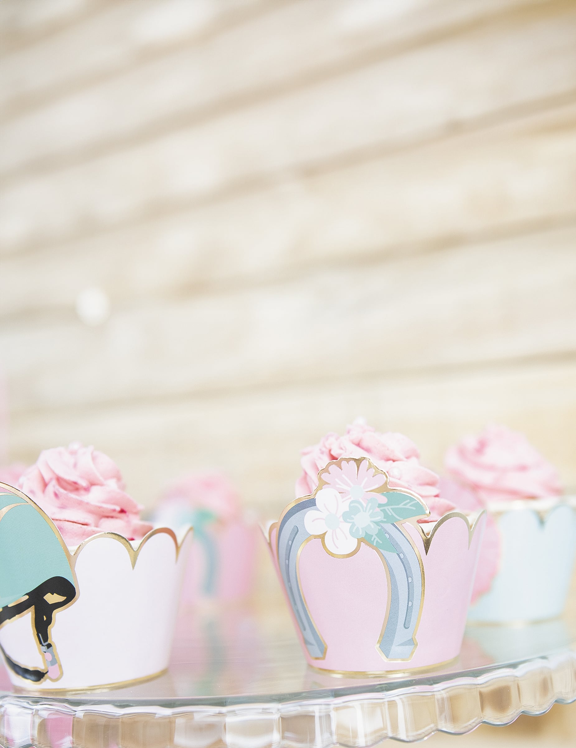Gros plan sur le motif fer à cheval des habillages moules à cupcake cheval bleu et rose pastel