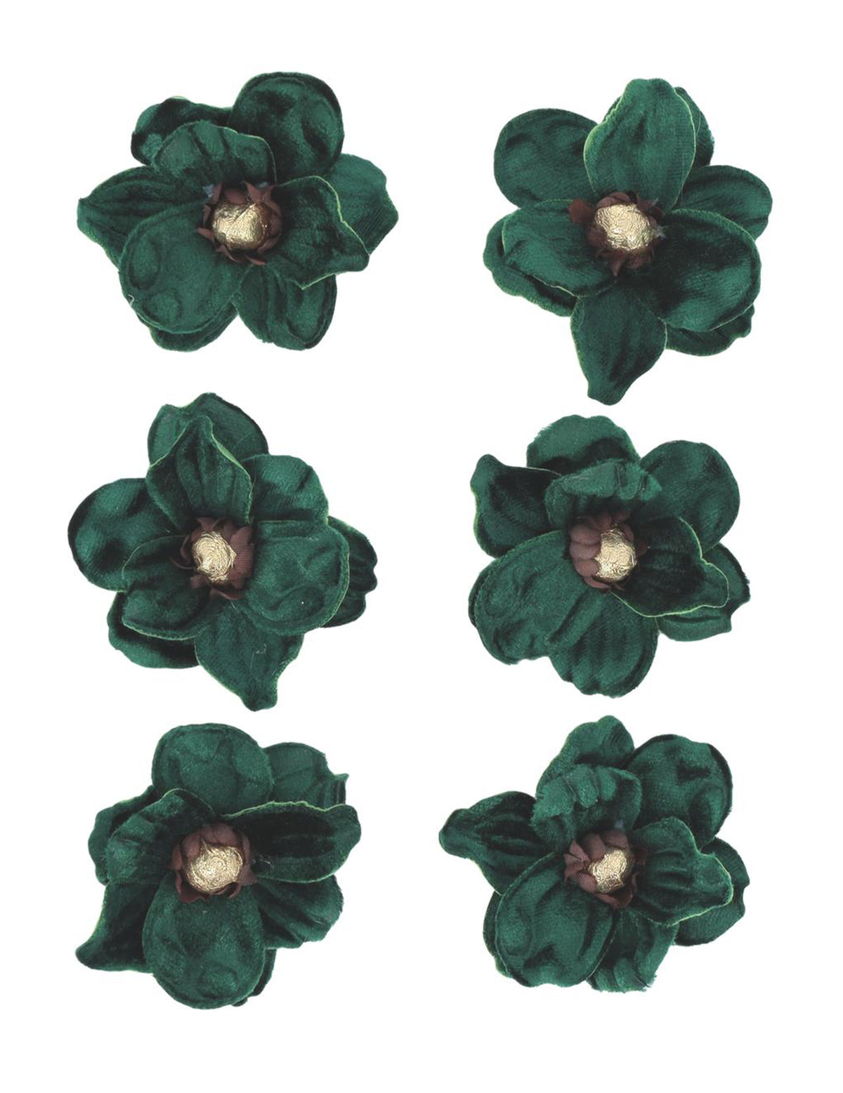 6 magnolias adhésifs velours vert foncé et or 6 cm
