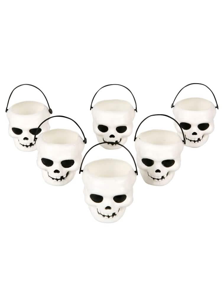 6 Mini seaux tête de mort pour Halloween blancs avec anse noire