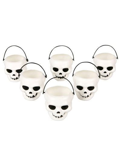 6 Mini seaux tête de mort pour Halloween blancs avec anse noire