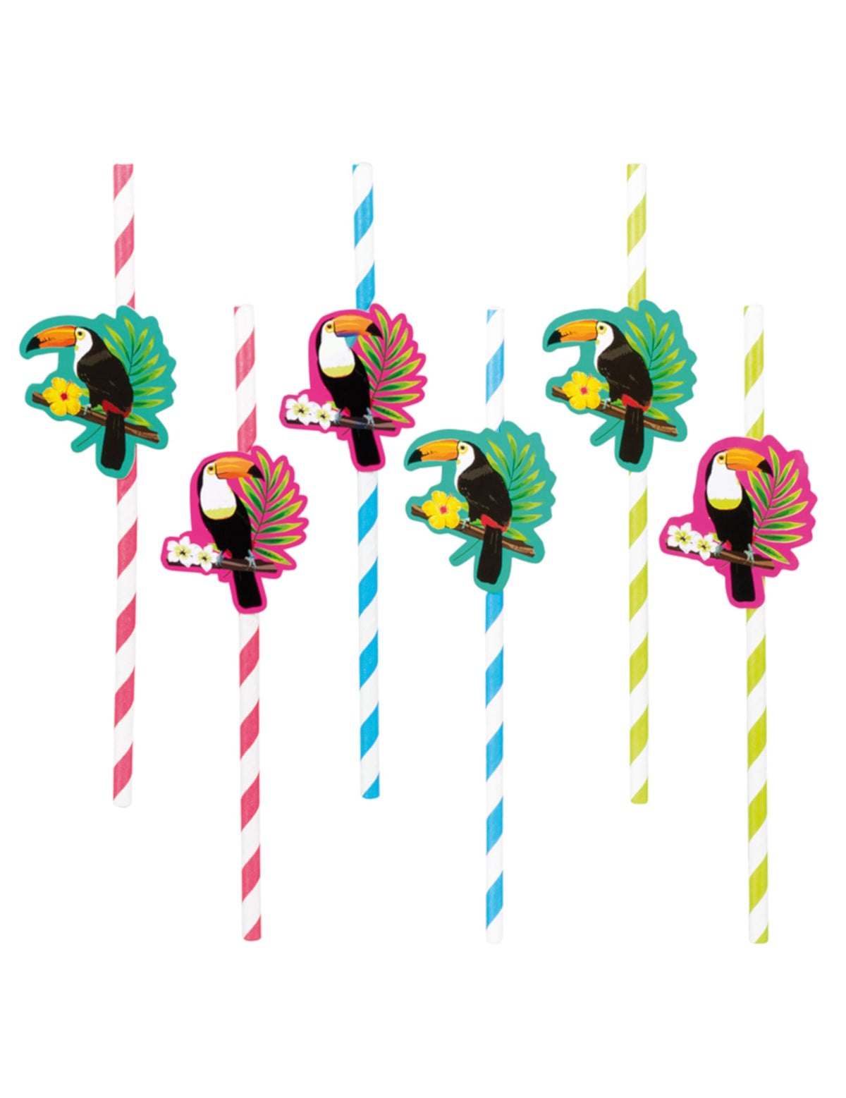 Pailles en carton toucan multicolores rayées rose bleu et vert