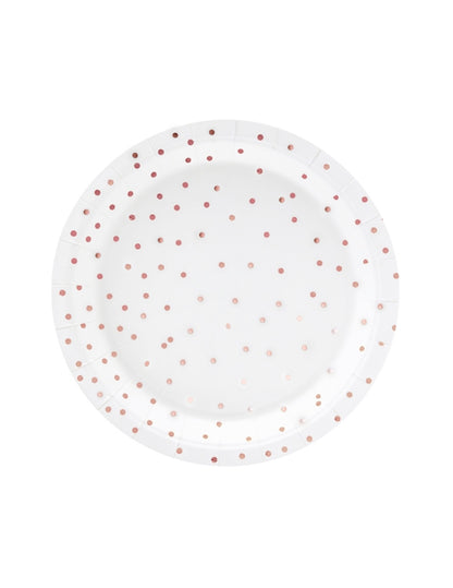 Assiettes en carton à pois pour table blanches et rose gold